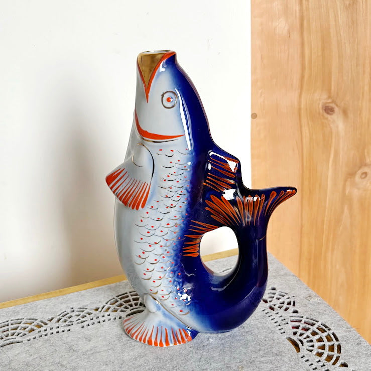 Vintage Soviet “Carp Family” Porcelain Decanter Set, Blue Fish Shaped Pitcher with 4 Shot Cups, USSR Folk Art Collectible