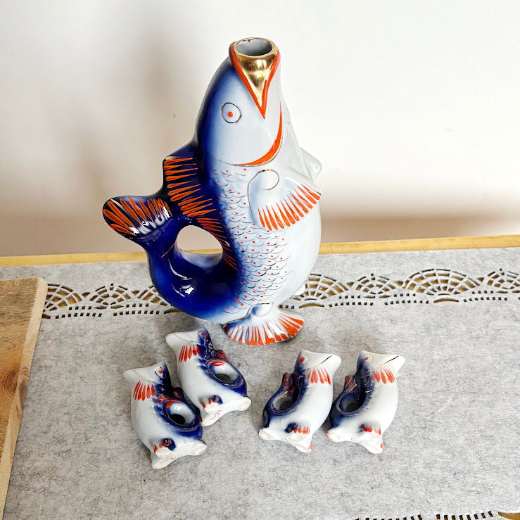 Vintage Soviet “Carp Family” Porcelain Decanter Set, Blue Fish Shaped Pitcher with 4 Shot Cups, USSR Folk Art Collectible