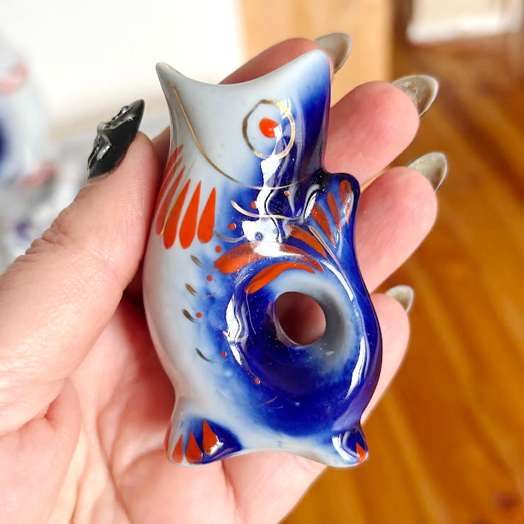 Vintage Soviet “Carp Family” Porcelain Decanter Set, Blue Fish Shaped Pitcher with 4 Shot Cups, USSR Folk Art Collectible