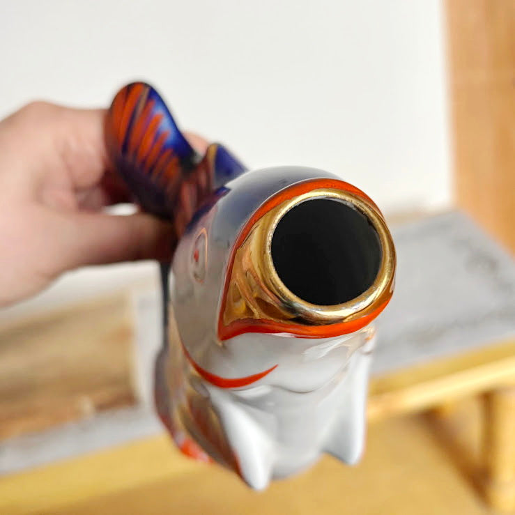 Vintage Soviet “Carp Family” Porcelain Decanter Set, Blue Fish Shaped Pitcher with 4 Shot Cups, USSR Folk Art Collectible