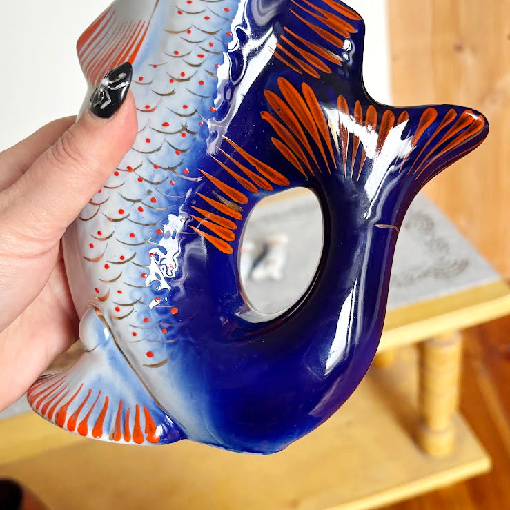 Vintage Soviet “Carp Family” Porcelain Decanter Set, Blue Fish Shaped Pitcher with 4 Shot Cups, USSR Folk Art Collectible