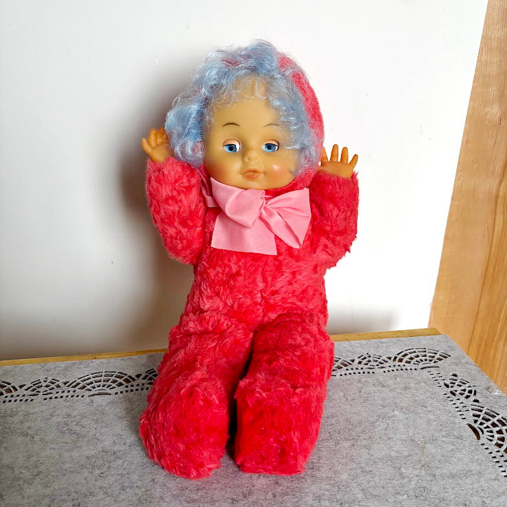 Vintage 1970s Soft Soviet Doll with Closing Eyes and Red Furry Outfit - USSR childrens toy
