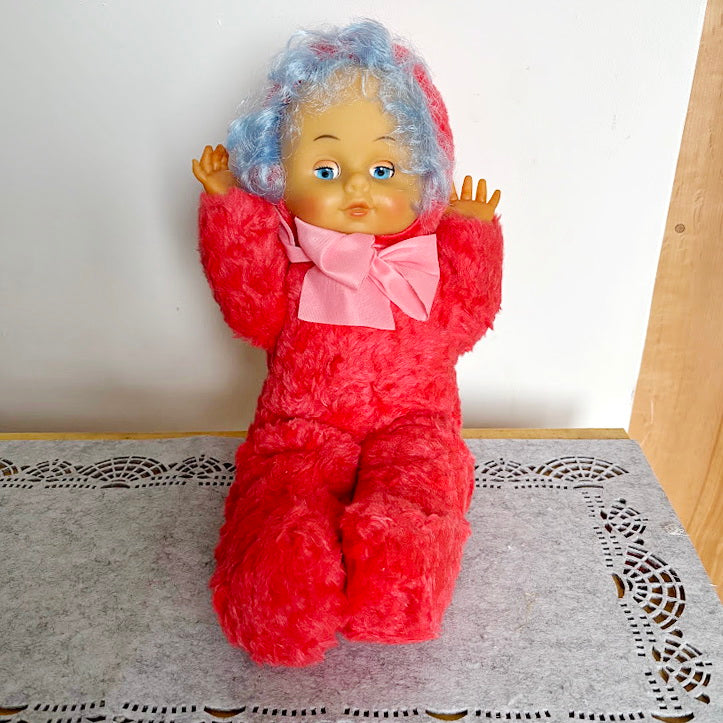 Vintage 1970s Soft Soviet Doll with Closing Eyes and Red Furry Outfit - USSR childrens toy