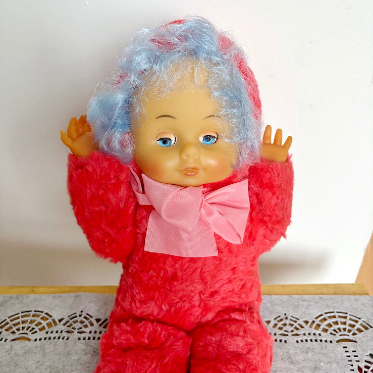 Vintage 1970s Soft Soviet Doll with Closing Eyes and Red Furry Outfit - USSR childrens toy