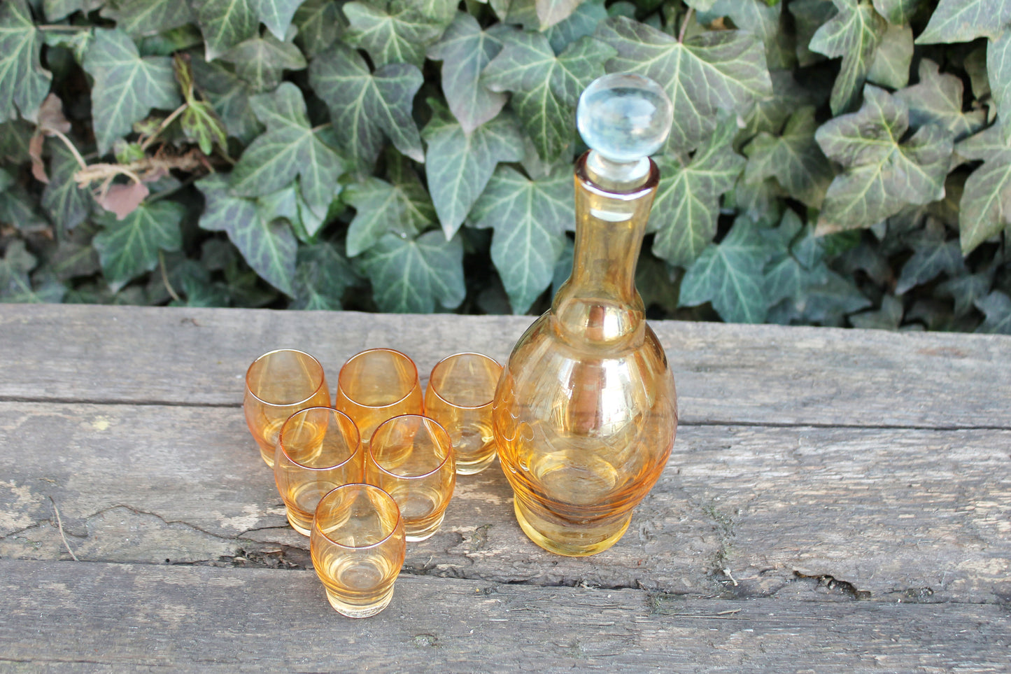 Set of decanter and six mini glasses made of glass - Vintage Set - USSR kitchen - made in Ukraine in 1970s