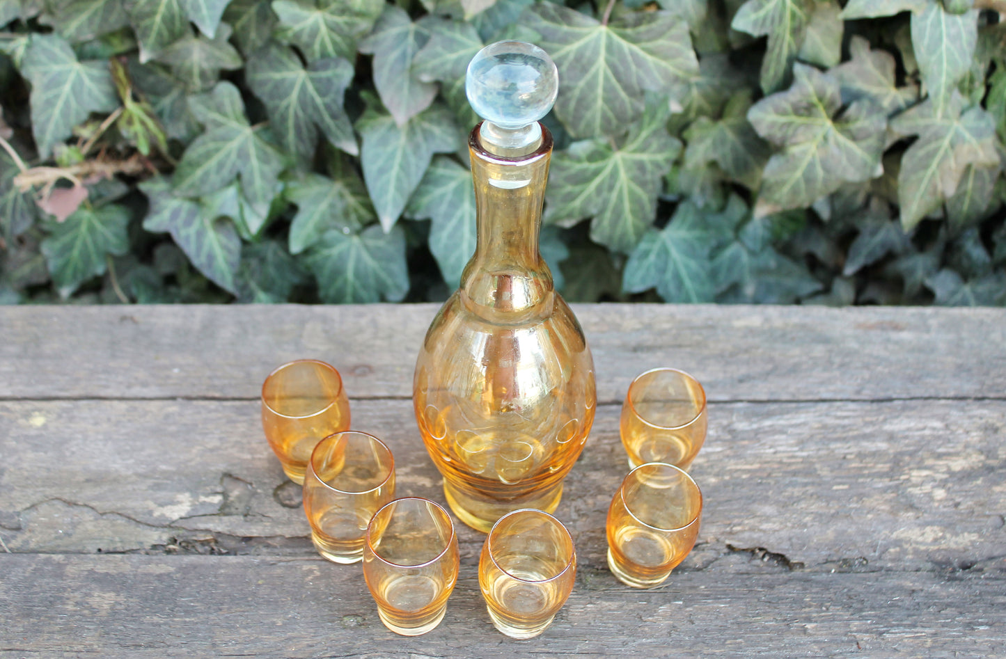 Set of decanter and six mini glasses made of glass - Vintage Set - USSR kitchen - made in Ukraine in 1970s