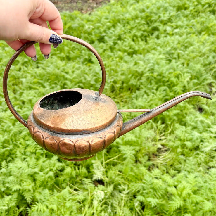 Antique Copper Pouring Can Garden Decor | Rustic Outdoor Decorative Object with Spout | Aged Patina Metal Accent