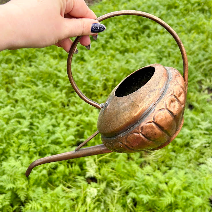 Antique Copper Pouring Can Garden Decor | Rustic Outdoor Decorative Object with Spout | Aged Patina Metal Accent