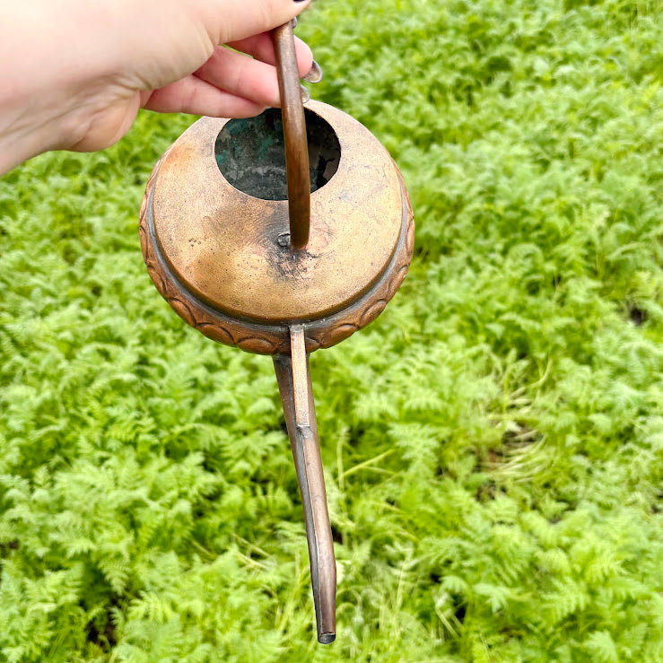 Antique Copper Pouring Can Garden Decor | Rustic Outdoor Decorative Object with Spout | Aged Patina Metal Accent