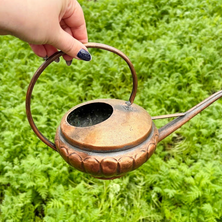 Antique Copper Pouring Can Garden Decor | Rustic Outdoor Decorative Object with Spout | Aged Patina Metal Accent