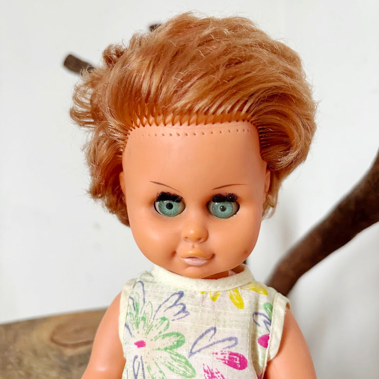 Vintage USSR Sleep-Eye Doll, 31cm (12.2 in) Hard Plastic Doll with Original Outfit, Collectible Retro Toy, Brown Hair & Closing Eyes