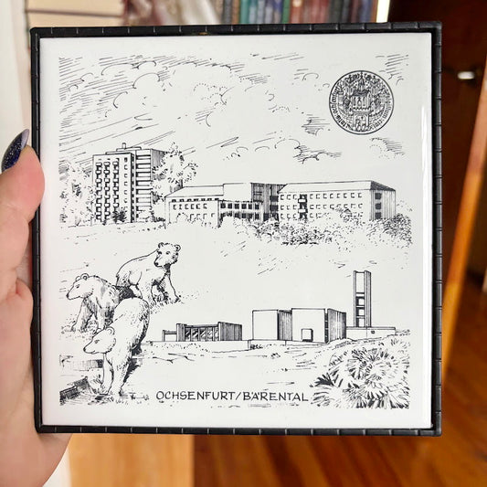 Vintage Ceramic Decorative Wall Tile with City Illustration, Ochsenfurt / Bärental, German City Seal, Framed Ceramic Tile, Made in Spain