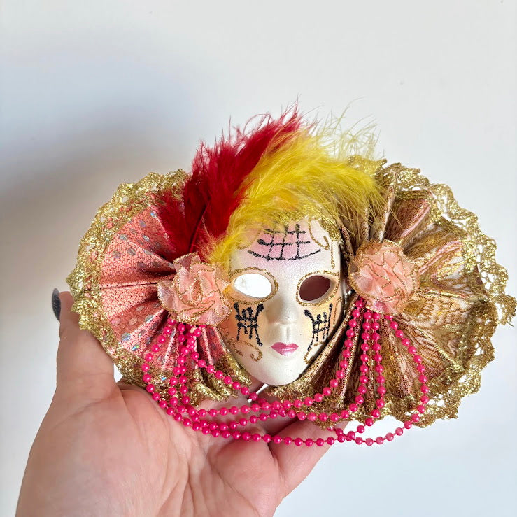 Small Venetian Carnival Mask Wall Decor, Ceramic Face with Decorative Fans, Early 2000s Souvenir