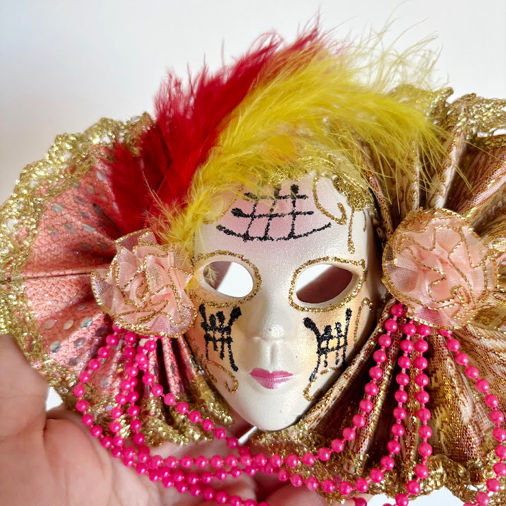Small Venetian Carnival Mask Wall Decor, Ceramic Face with Decorative Fans, Early 2000s Souvenir