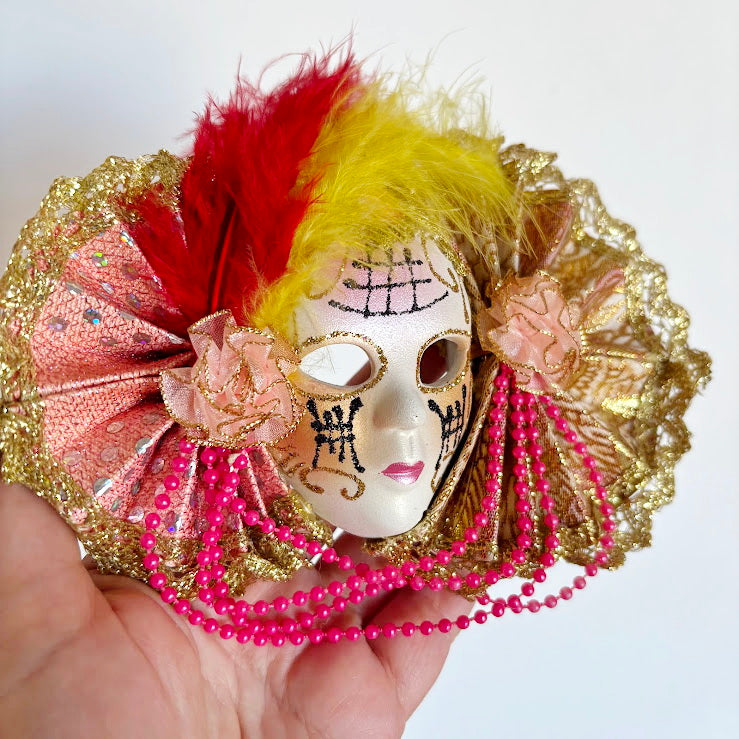 Small Venetian Carnival Mask Wall Decor, Ceramic Face with Decorative Fans, Early 2000s Souvenir
