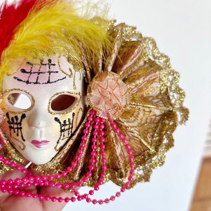 Small Venetian Carnival Mask Wall Decor, Ceramic Face with Decorative Fans, Early 2000s Souvenir