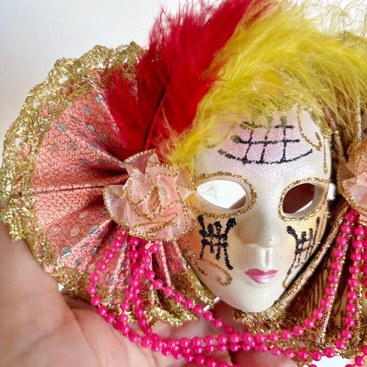 Small Venetian Carnival Mask Wall Decor, Ceramic Face with Decorative Fans, Early 2000s Souvenir