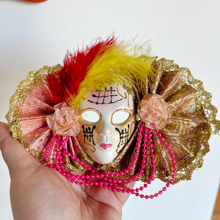 Small Venetian Carnival Mask Wall Decor, Ceramic Face with Decorative Fans, Early 2000s Souvenir