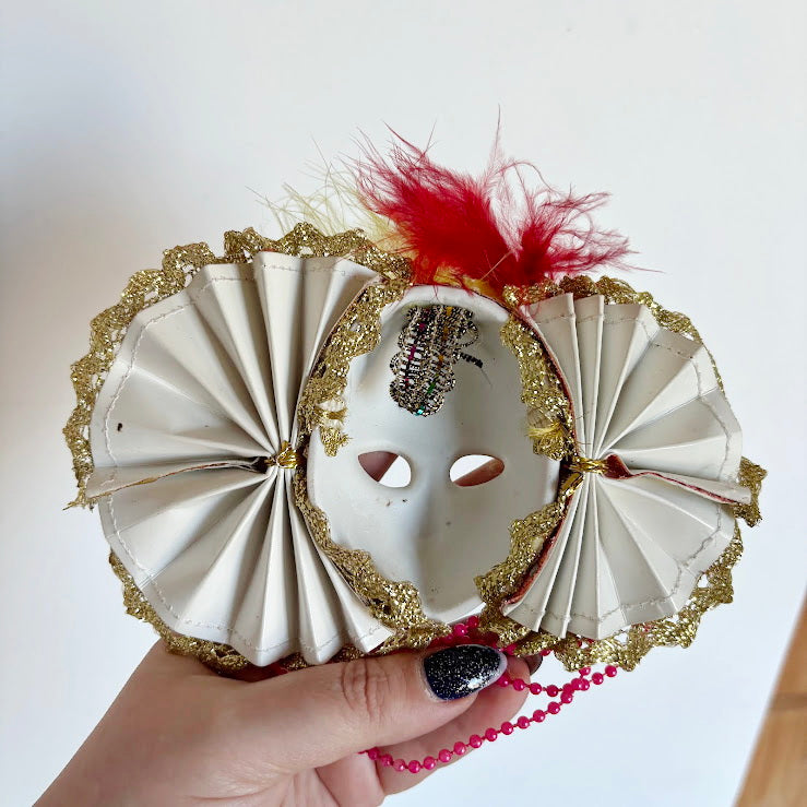 Small Venetian Carnival Mask Wall Decor, Ceramic Face with Decorative Fans, Early 2000s Souvenir