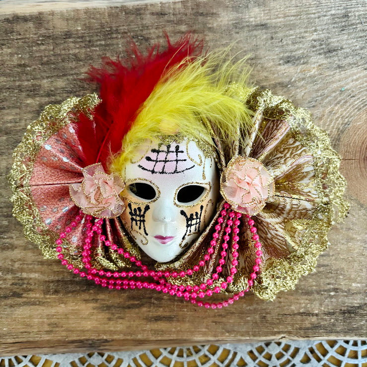 Small Venetian Carnival Mask Wall Decor, Ceramic Face with Decorative Fans, Early 2000s Souvenir