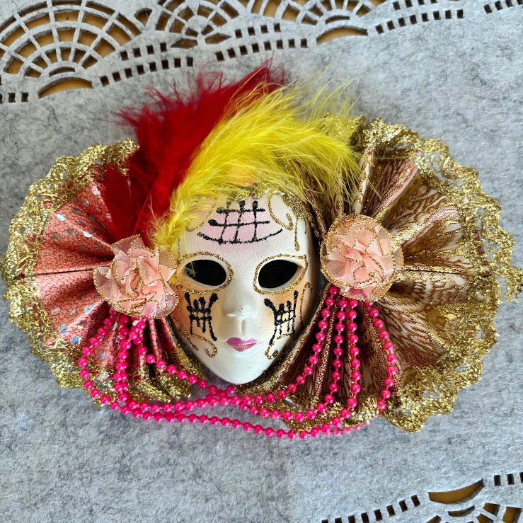 Small Venetian Carnival Mask Wall Decor, Ceramic Face with Decorative Fans, Early 2000s Souvenir