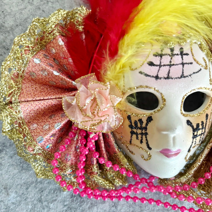 Small Venetian Carnival Mask Wall Decor, Ceramic Face with Decorative Fans, Early 2000s Souvenir