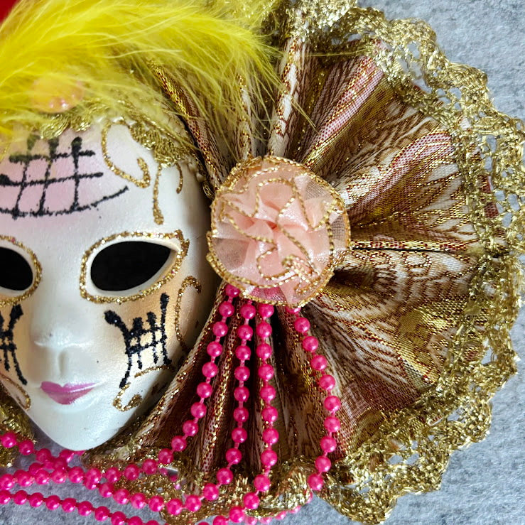 Small Venetian Carnival Mask Wall Decor, Ceramic Face with Decorative Fans, Early 2000s Souvenir