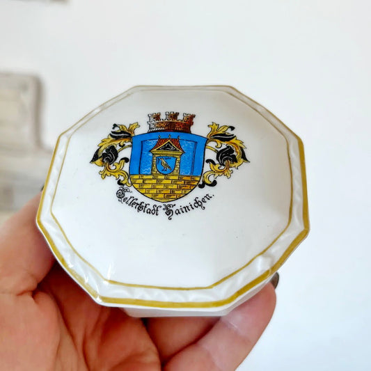 Vintage German Porcelain Trinket Box Octagonal Hainichen City Crest Collectible - 1970s