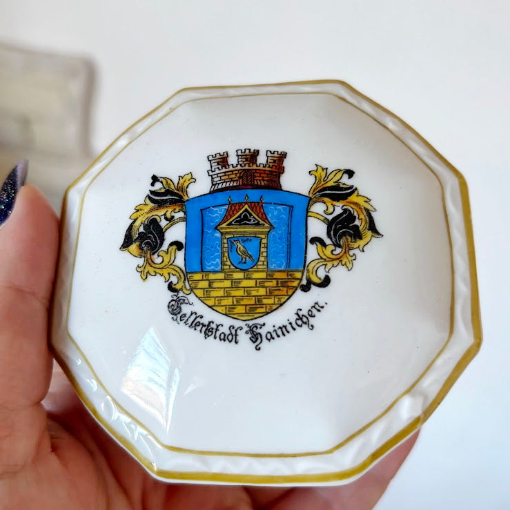 Vintage German Porcelain Trinket Box Octagonal Hainichen City Crest Collectible - 1970s