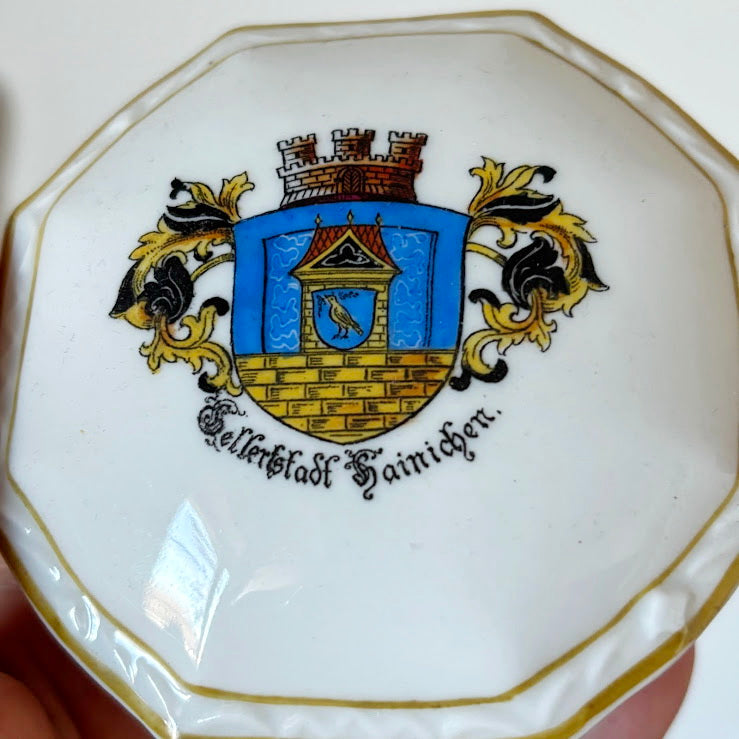 Vintage German Porcelain Trinket Box Octagonal Hainichen City Crest Collectible - 1970s