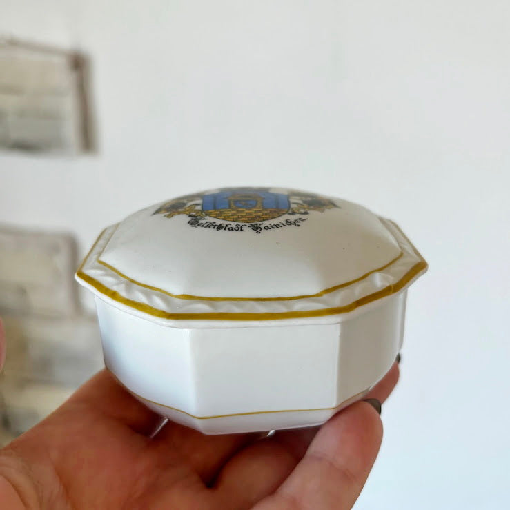 Vintage German Porcelain Trinket Box Octagonal Hainichen City Crest Collectible - 1970s