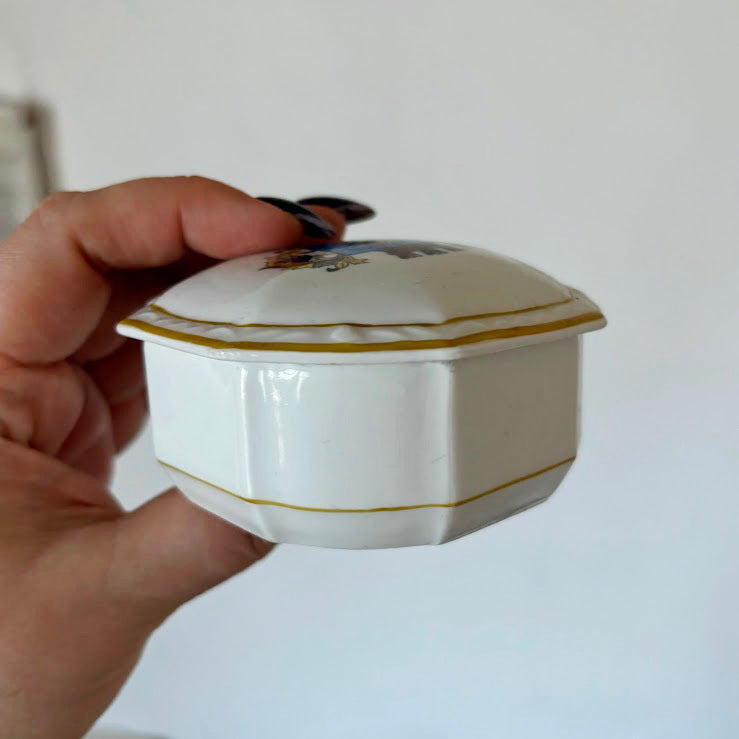 Vintage German Porcelain Trinket Box Octagonal Hainichen City Crest Collectible - 1970s