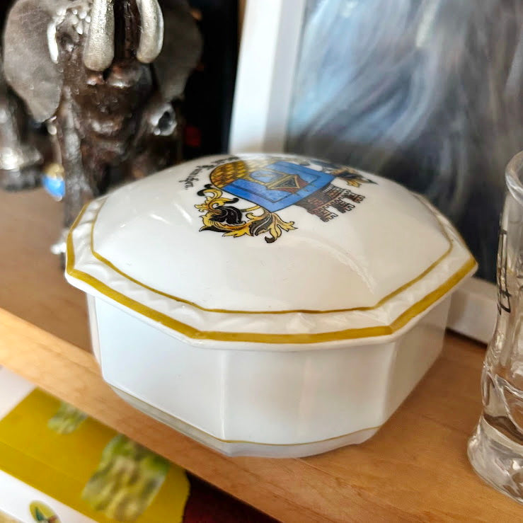 Vintage German Porcelain Trinket Box Octagonal Hainichen City Crest Collectible - 1970s