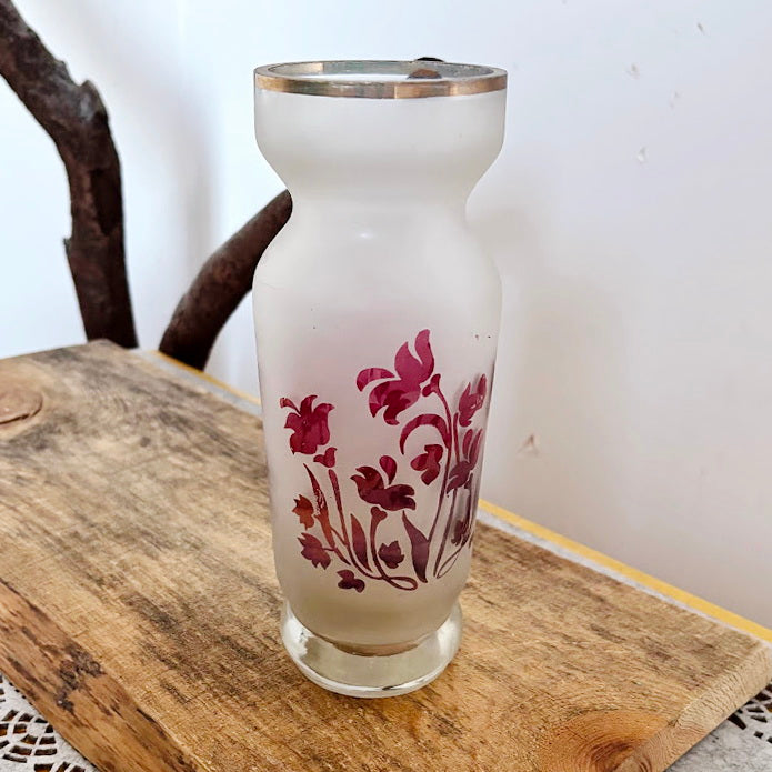 Vintage Frosted Glass Vase with Pink Floral Motif, 1970s–1980s Decorative Soviet Era Glassware, 21 cm