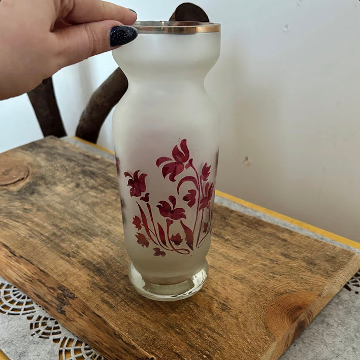Vintage Frosted Glass Vase with Pink Floral Motif, 1970s–1980s Decorative Soviet Era Glassware, 21 cm