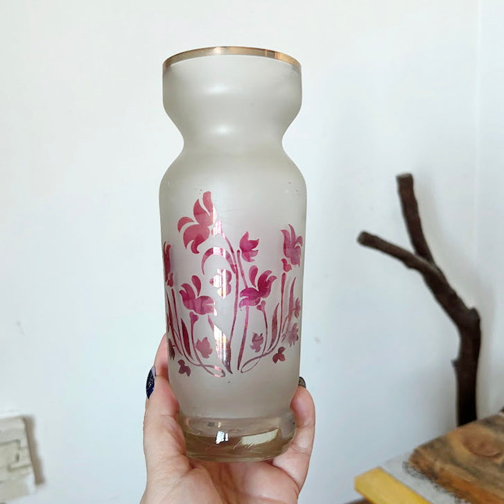 Vintage Frosted Glass Vase with Pink Floral Motif, 1970s–1980s Decorative Soviet Era Glassware, 21 cm