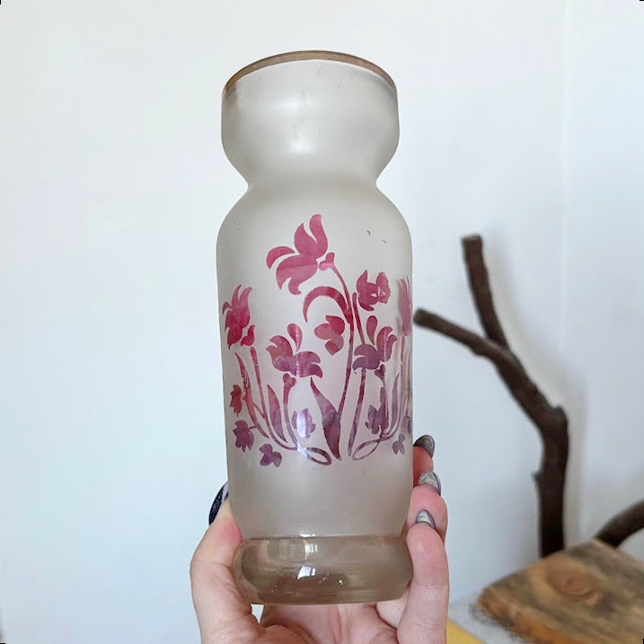 Vintage Frosted Glass Vase with Pink Floral Motif, 1970s–1980s Decorative Soviet Era Glassware, 21 cm