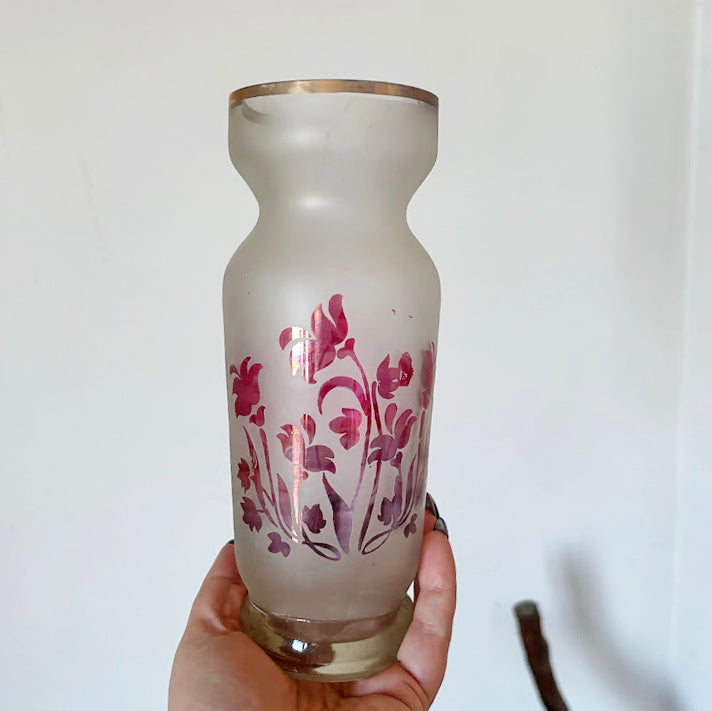 Vintage Frosted Glass Vase with Pink Floral Motif, 1970s–1980s Decorative Soviet Era Glassware, 21 cm