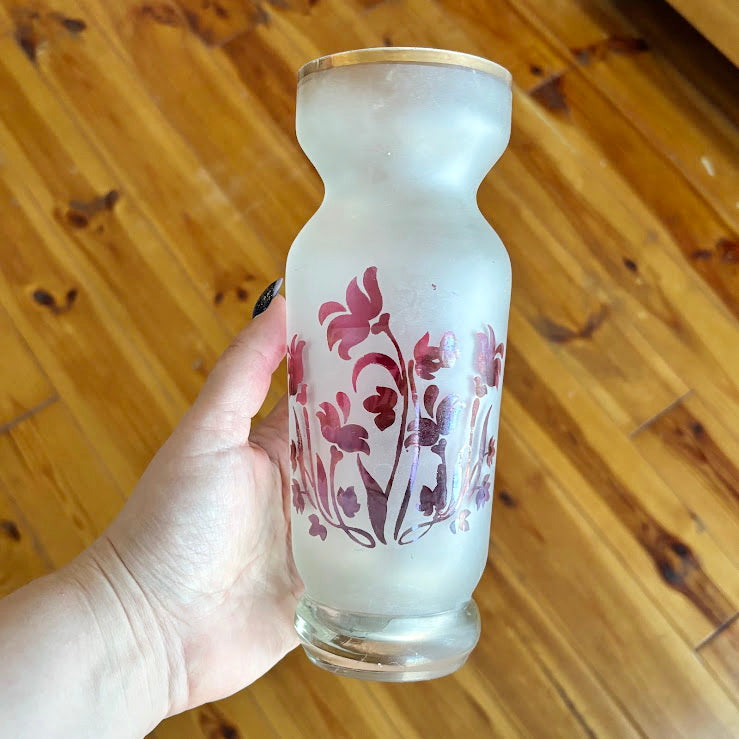 Vintage Frosted Glass Vase with Pink Floral Motif, 1970s–1980s Decorative Soviet Era Glassware, 21 cm