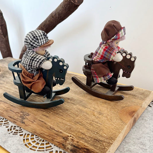 Vintage German Textile Dolls on Rocking Horses, Wooden Nursery Decor Pair, Retro Children Room Figurines, Collectible Home Accent