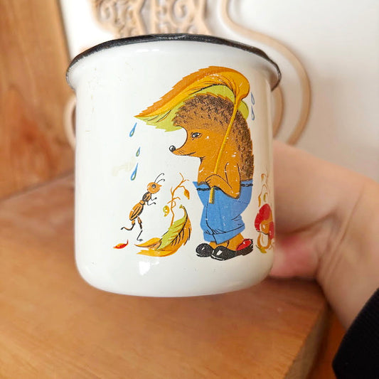 Vintage Enamel Children Mug with Hedgehog Illustration Soviet Era 1970-80s