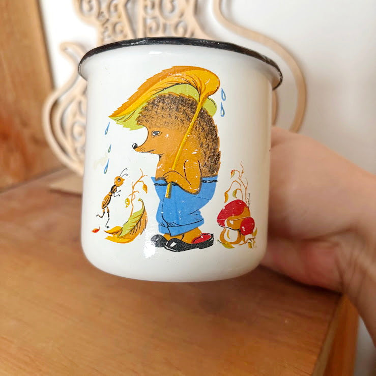 Vintage Enamel Children Mug with Hedgehog Illustration Soviet Era 1970-80s