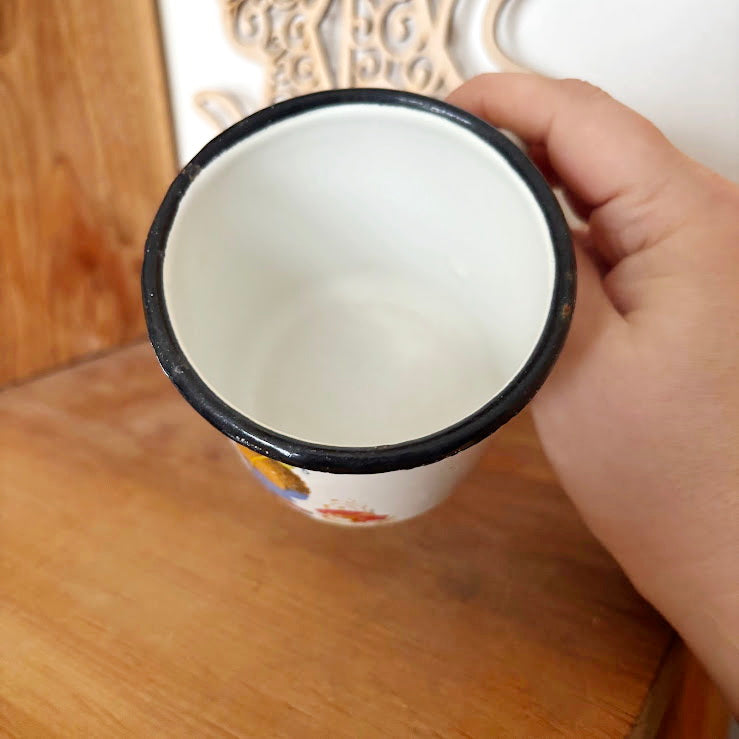 Vintage Enamel Children Mug with Hedgehog Illustration Soviet Era 1970-80s