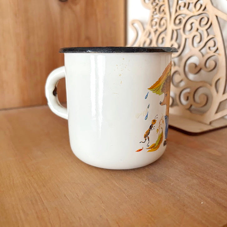 Vintage Enamel Children Mug with Hedgehog Illustration Soviet Era 1970-80s