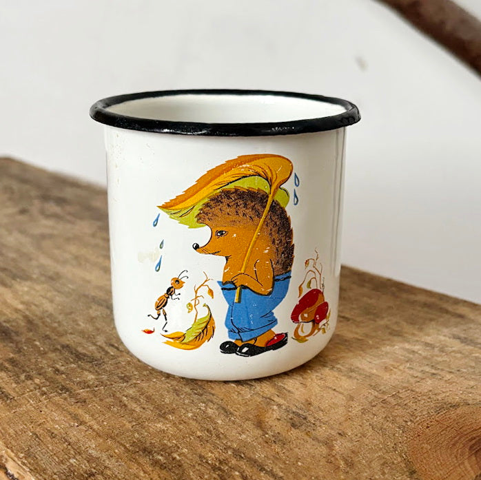 Vintage Enamel Children Mug with Hedgehog Illustration Soviet Era 1970-80s
