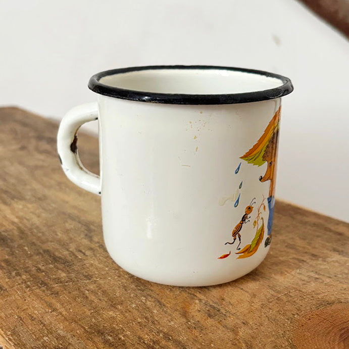 Vintage Enamel Children Mug with Hedgehog Illustration Soviet Era 1970-80s