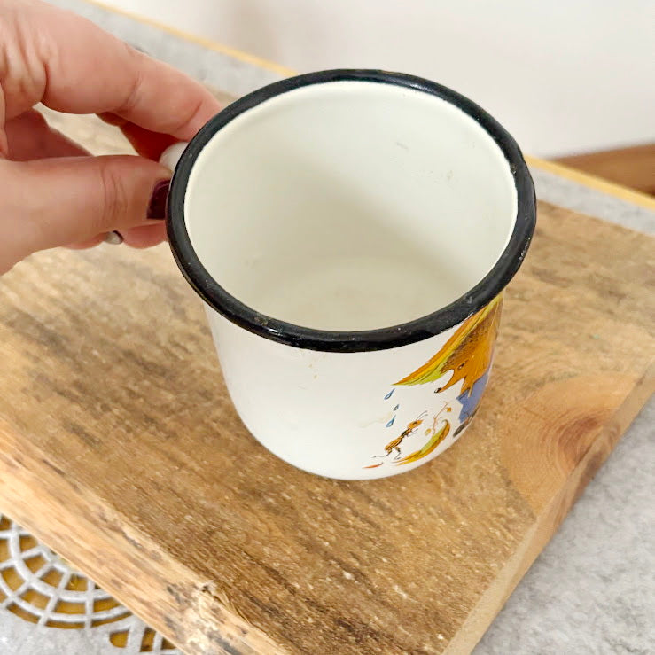 Vintage Enamel Children Mug with Hedgehog Illustration Soviet Era 1970-80s