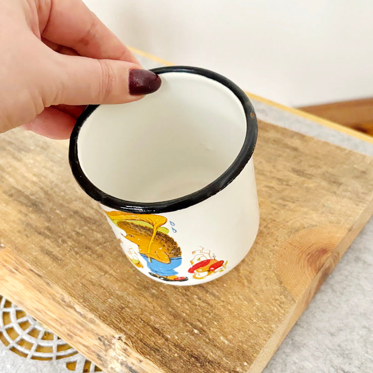 Vintage Enamel Children Mug with Hedgehog Illustration Soviet Era 1970-80s