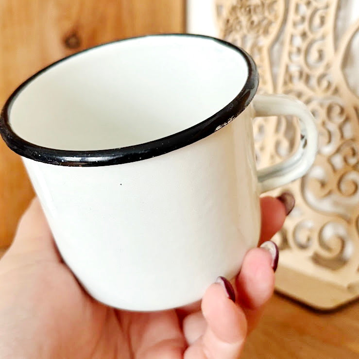 Vintage Enamel Mug 1970s–1980s White Soviet Era Cup with Bottom Mark Rustic Kitchenware