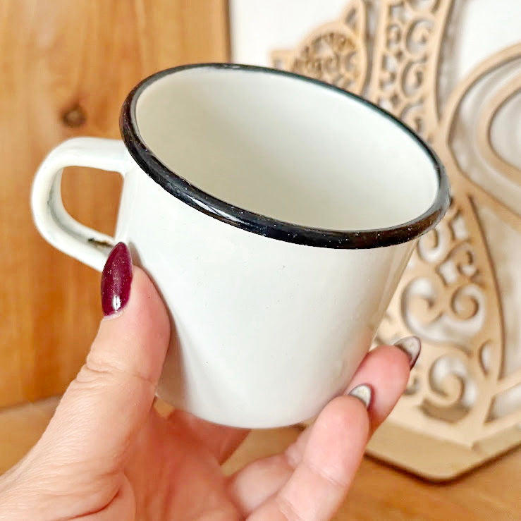 Vintage Enamel Mug 1970s–1980s White Soviet Era Cup with Bottom Mark Rustic Kitchenware